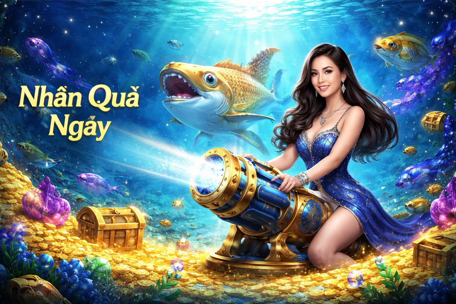 Hình ảnh game bắn cá Sao 789 với nhiều loài cá và vũ khí hiện đại